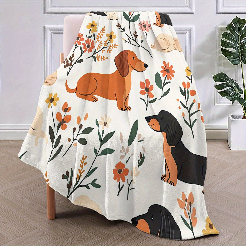 Multfilm Dachshund va Gul bosma bilan bezatilgan yengil qilingan, qulay dam olish uchun yostiqcha, yashash xonasi va oshxona uchun fleece tashlagan qoplam