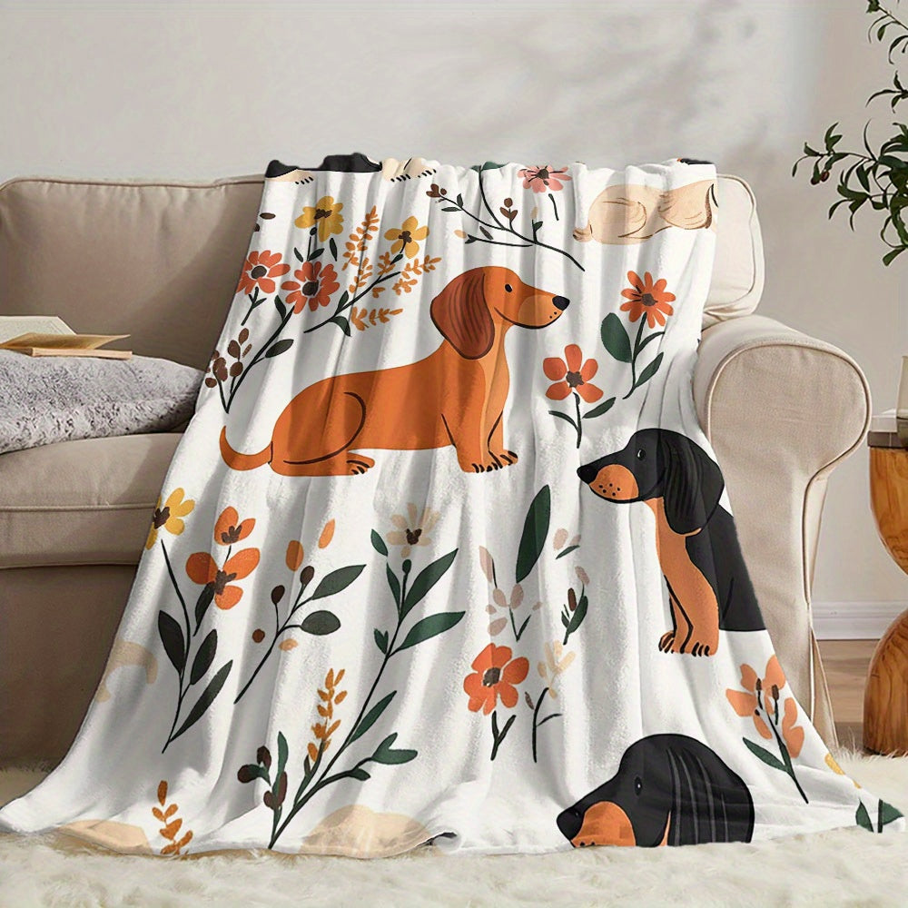 Multfilm Dachshund va Gul bosma bilan bezatilgan yengil qilingan, qulay dam olish uchun yostiqcha, yashash xonasi va oshxona uchun fleece tashlagan qoplam