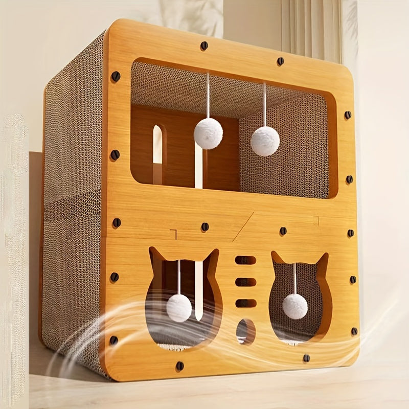 Durable Non-Shedding Cardboard Cat House with Play Balls