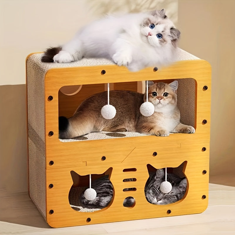 Durable Non-Shedding Cardboard Cat House with Play Balls