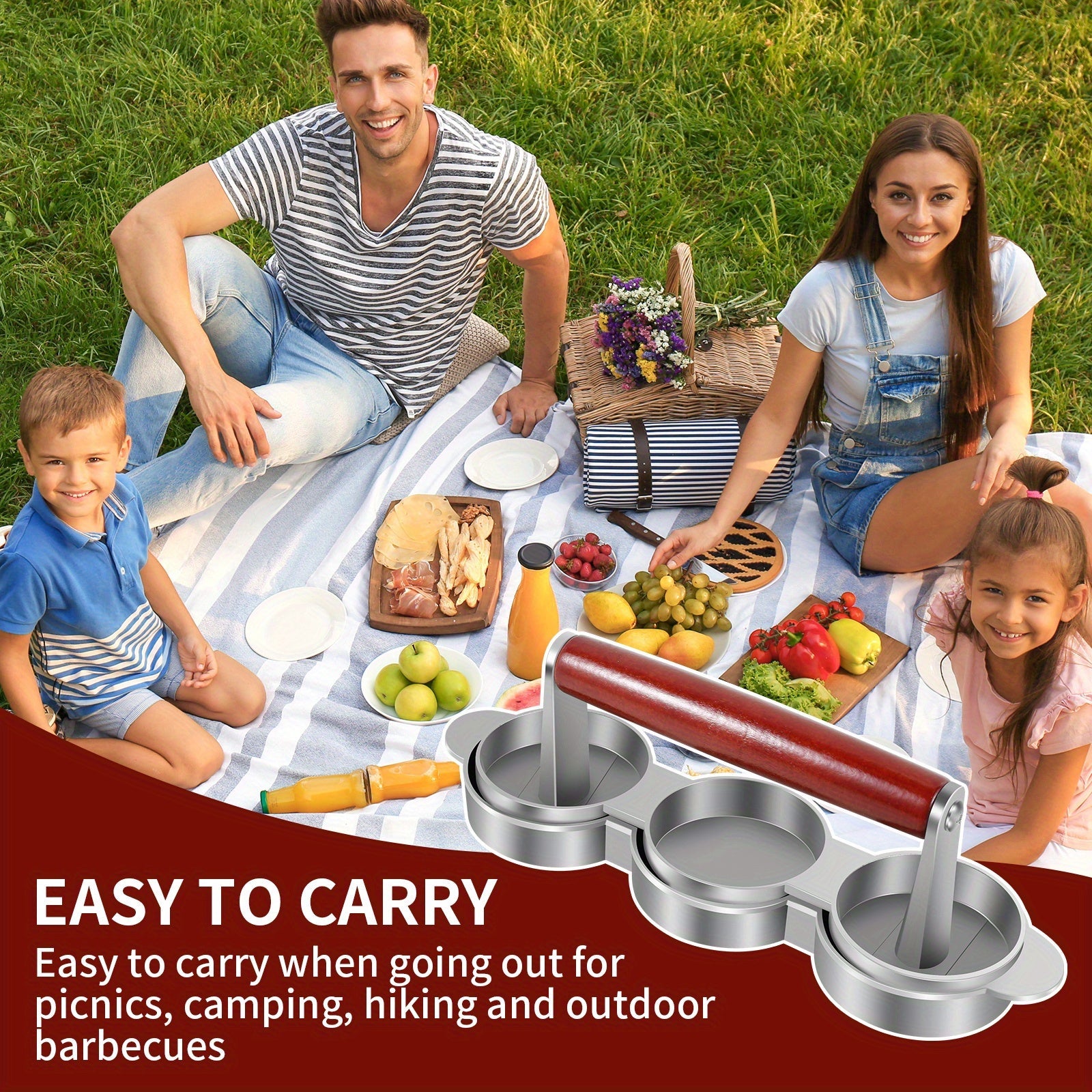 Compact Meat Patty Maker for 3 Patties Portable Burger Press for Grilling and BBQ