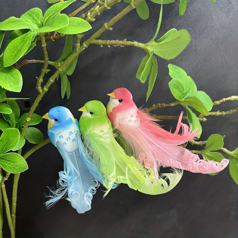 Set of 6 Artificial Feather Birds Wall Decor Jungle Summer Theme No Power