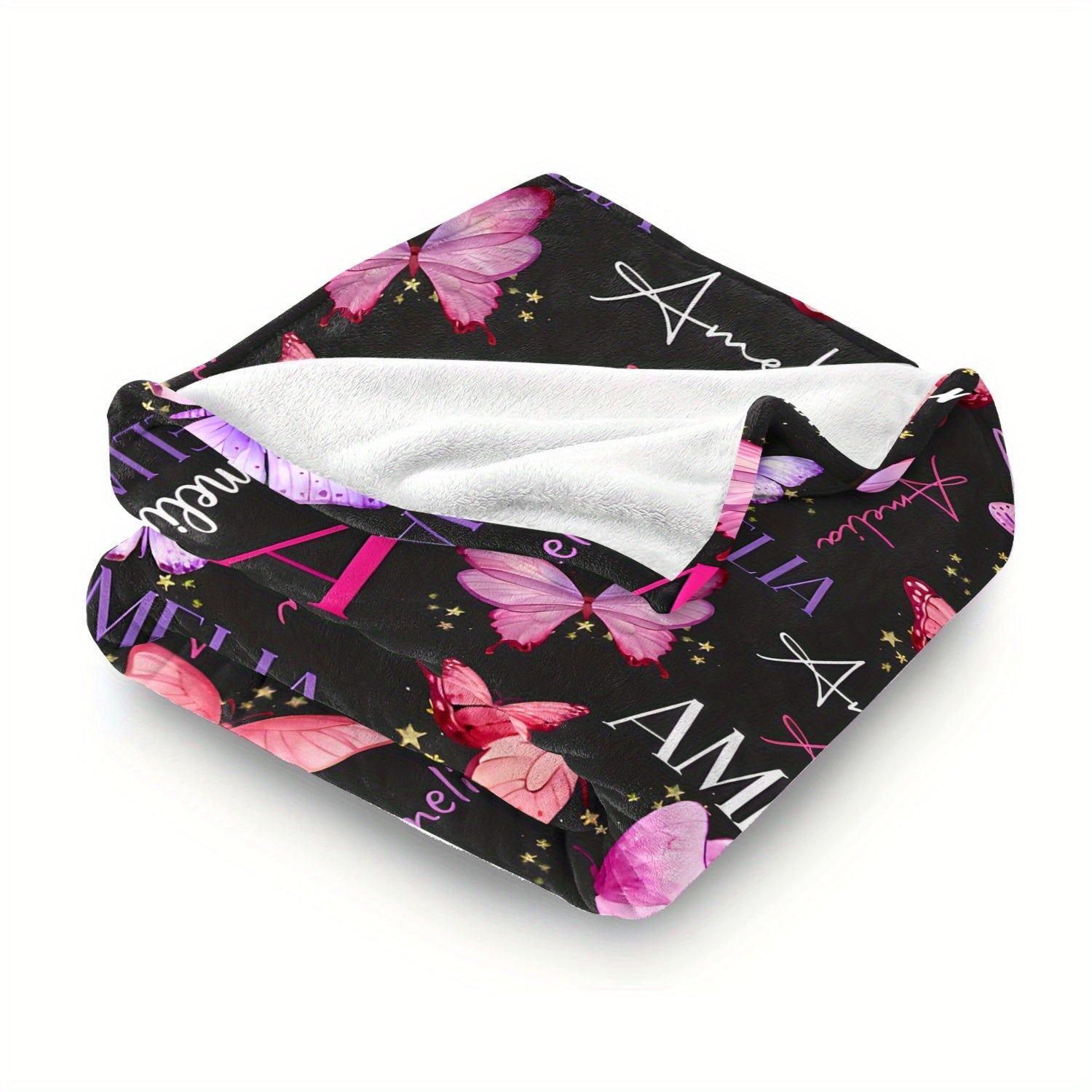 Personalized Flannel Throw Blanket with Custom Name Amelia Butterfly Soft Knitted Polyester Vintage Style Sofa TV Blanket for All Seasons