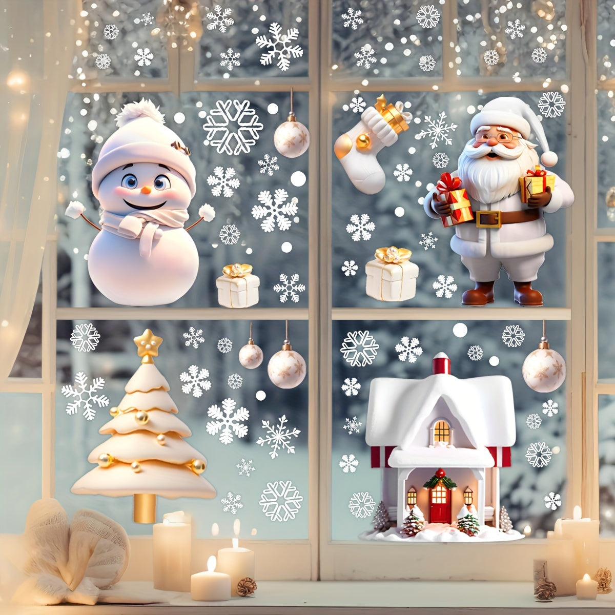 113 Christmas Window Clings Set Santa Snowman Holiday Decorations Waterproof Static Stickers