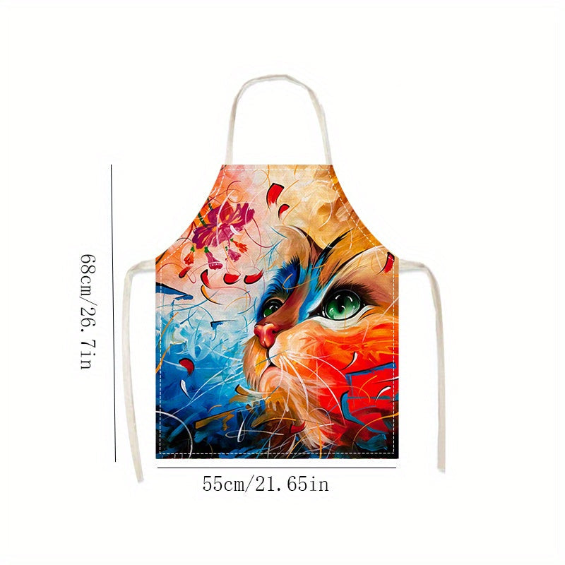 Unisex Linen Kitchen Apron with Cat Print, Durable, Easy to Clean
