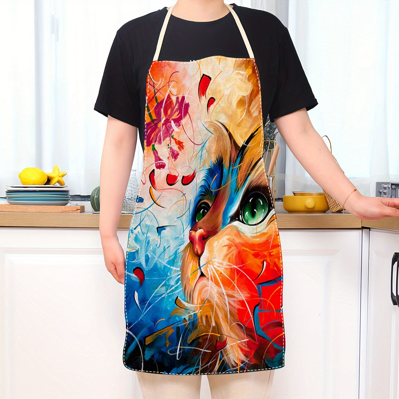 Delantal de cocina de lino para mujer y hombre con estampado de gato, duradero, fácil de limpiar