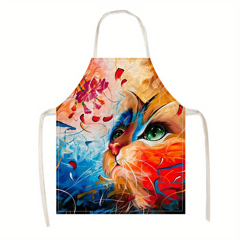 Delantal de cocina de lino para mujer y hombre con estampado de gato, duradero, fácil de limpiar