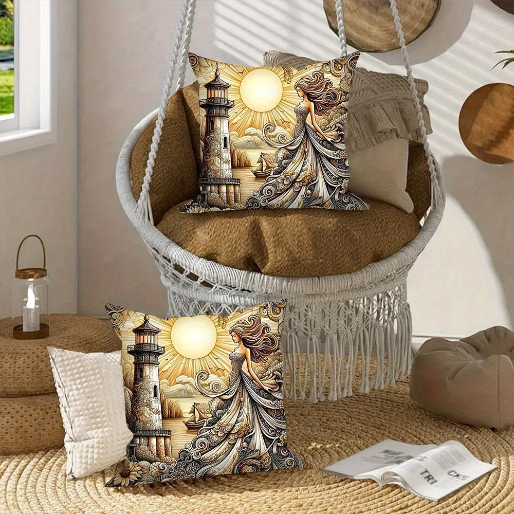 Set of 2 Lighthouse Goddess Throw Pillow Covers Square Cushion Cases for Living Room Bedroom 45.72 cm