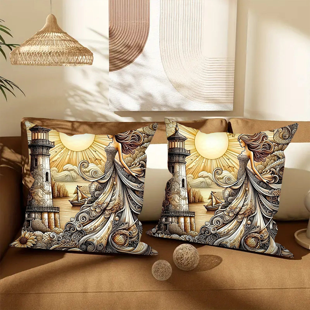 Set of 2 Lighthouse Goddess Throw Pillow Covers Square Cushion Cases for Living Room Bedroom 45.72 cm