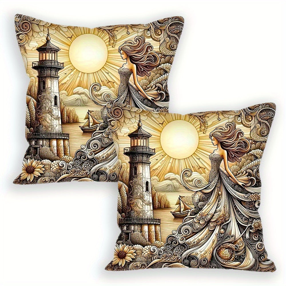 Set of 2 Lighthouse Goddess Throw Pillow Covers Square Cushion Cases for Living Room Bedroom 45.72 cm