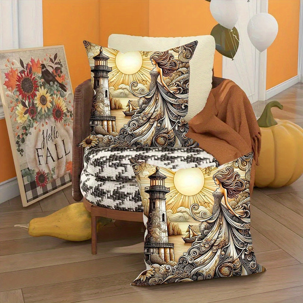 Set of 2 Lighthouse Goddess Throw Pillow Covers Square Cushion Cases for Living Room Bedroom 45.72 cm