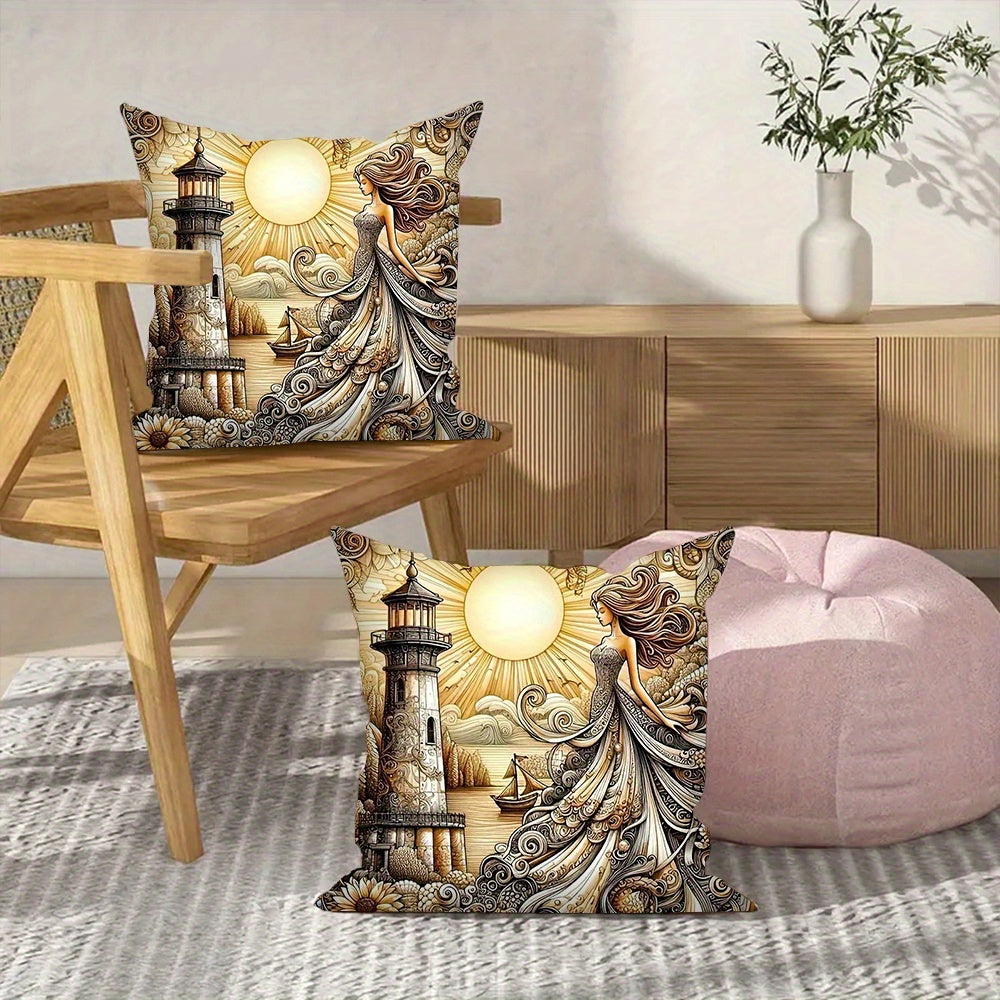 Set of 2 Lighthouse Goddess Throw Pillow Covers Square Cushion Cases for Living Room Bedroom 45.72 cm