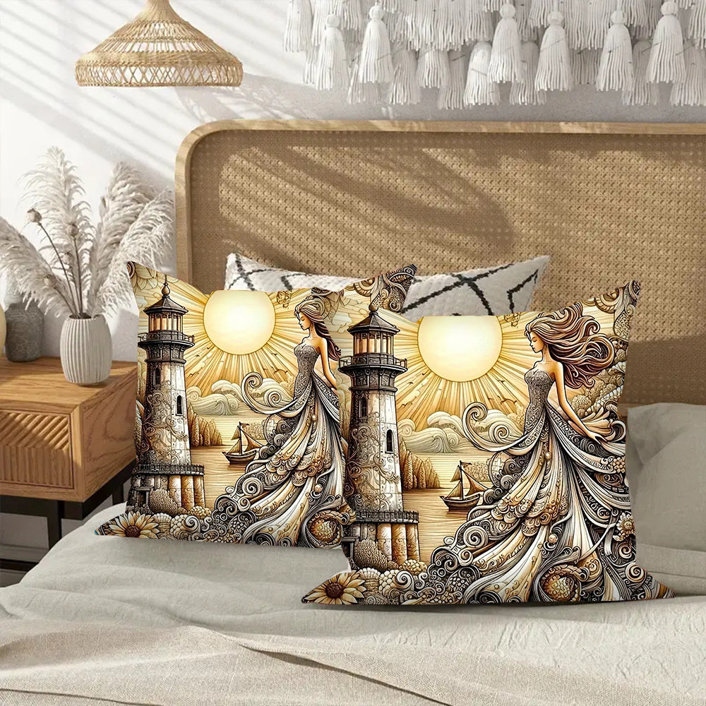 Set of 2 Lighthouse Goddess Throw Pillow Covers Square Cushion Cases for Living Room Bedroom 45.72 cm