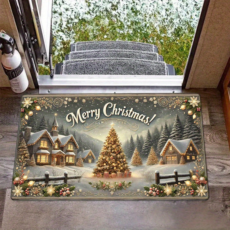 Polyester Christmas Doormat Washable Rectangular Rug Holiday Entryway Decor