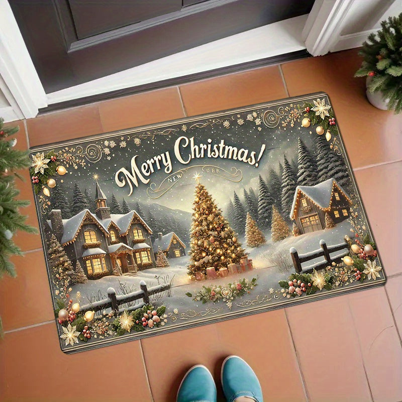 Polyester Christmas Doormat Washable Rectangular Rug Holiday Entryway Decor