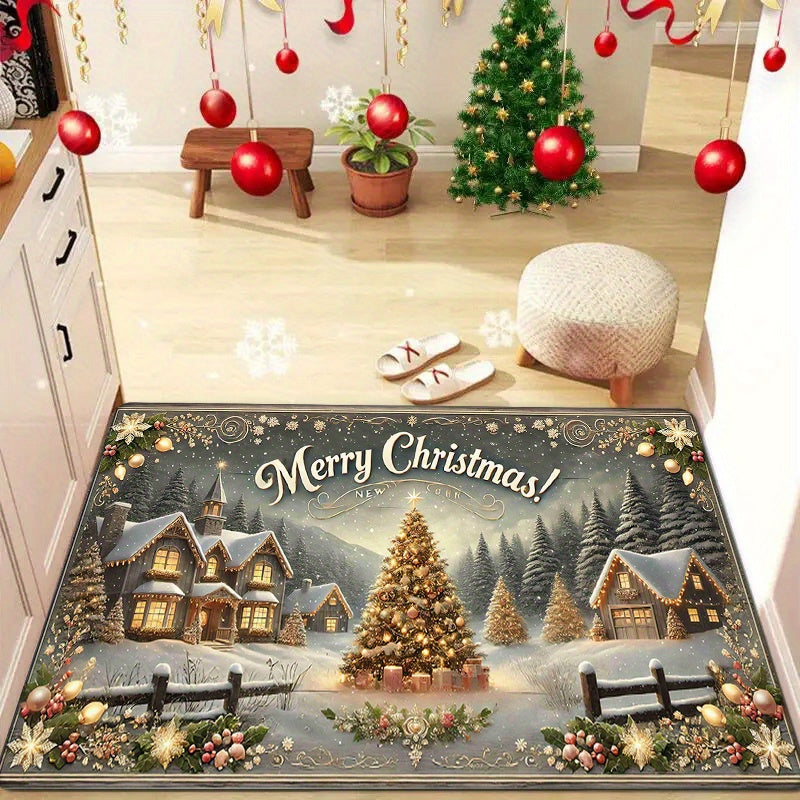 Polyester Christmas Doormat Washable Rectangular Rug Holiday Entryway Decor