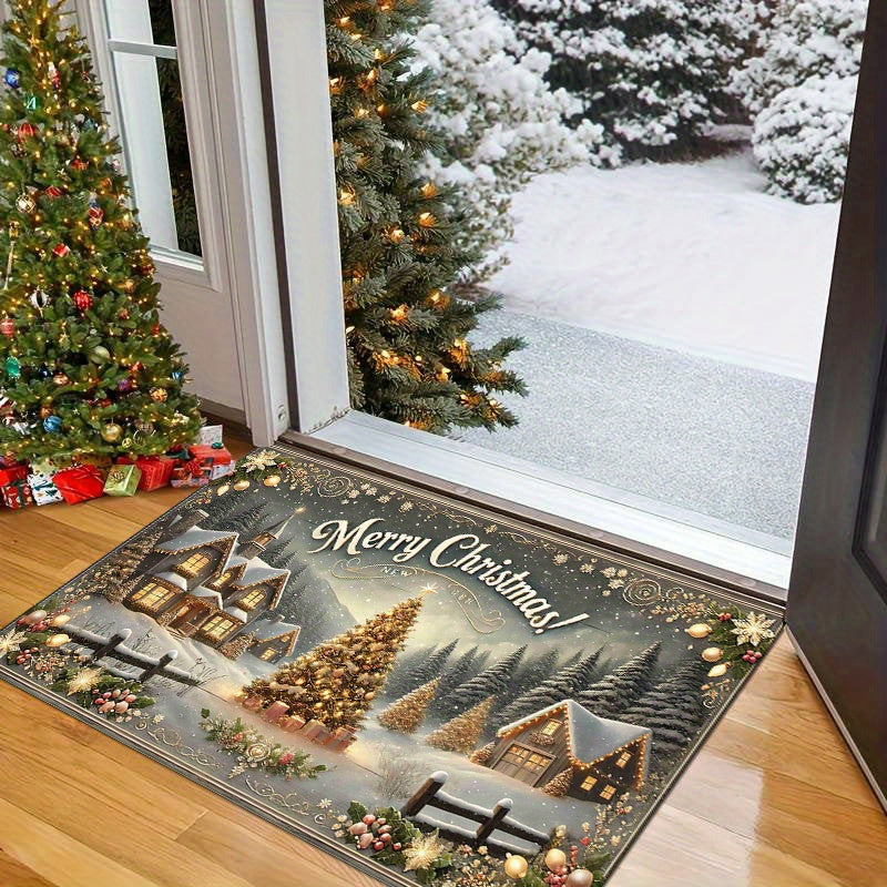 Polyester Christmas Doormat Washable Rectangular Rug Holiday Entryway Decor