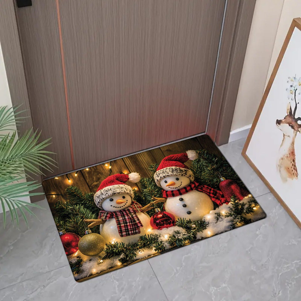 Christmas Snowman Door Mat Rectangular Polyester Welcome Rug for Holiday Decor