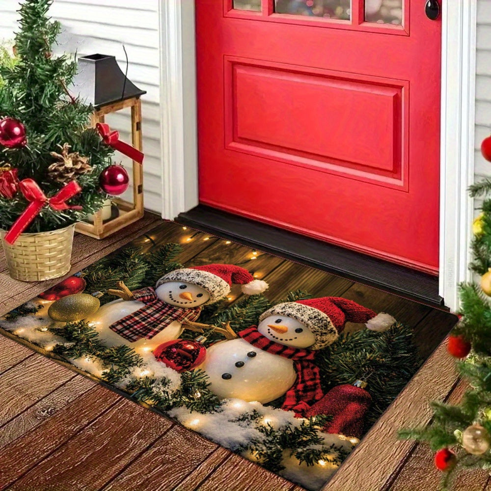 Christmas Snowman Door Mat Rectangular Polyester Welcome Rug for Holiday Decor