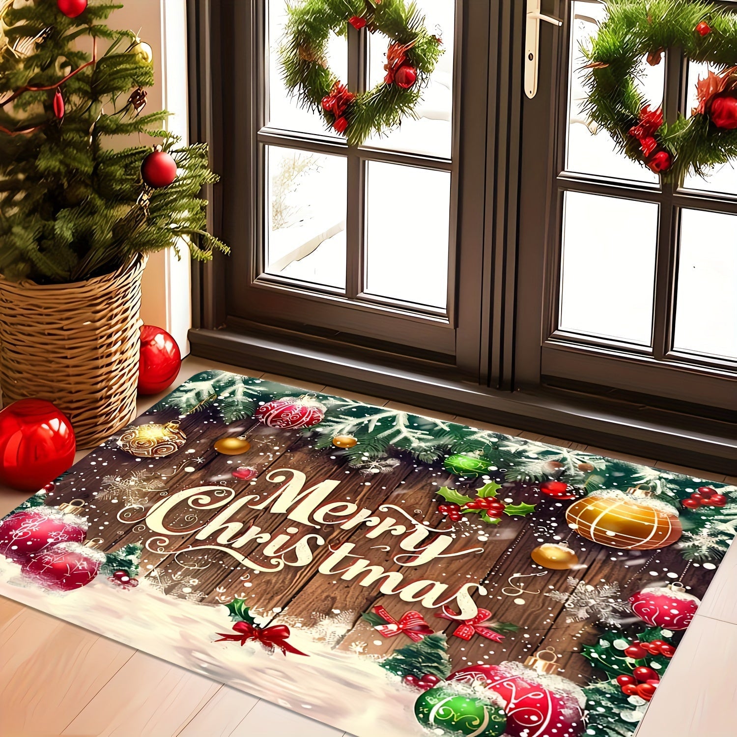 Festive Christmas Doormat Durable Polyester Rug with Merry Christmas Design