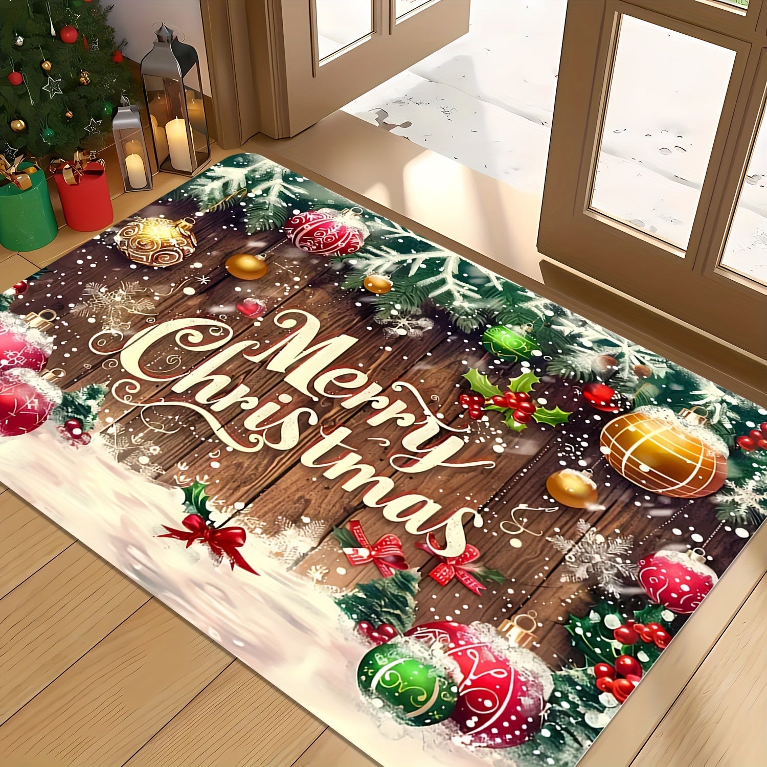 Festive Christmas Doormat Durable Polyester Rug with Merry Christmas Design