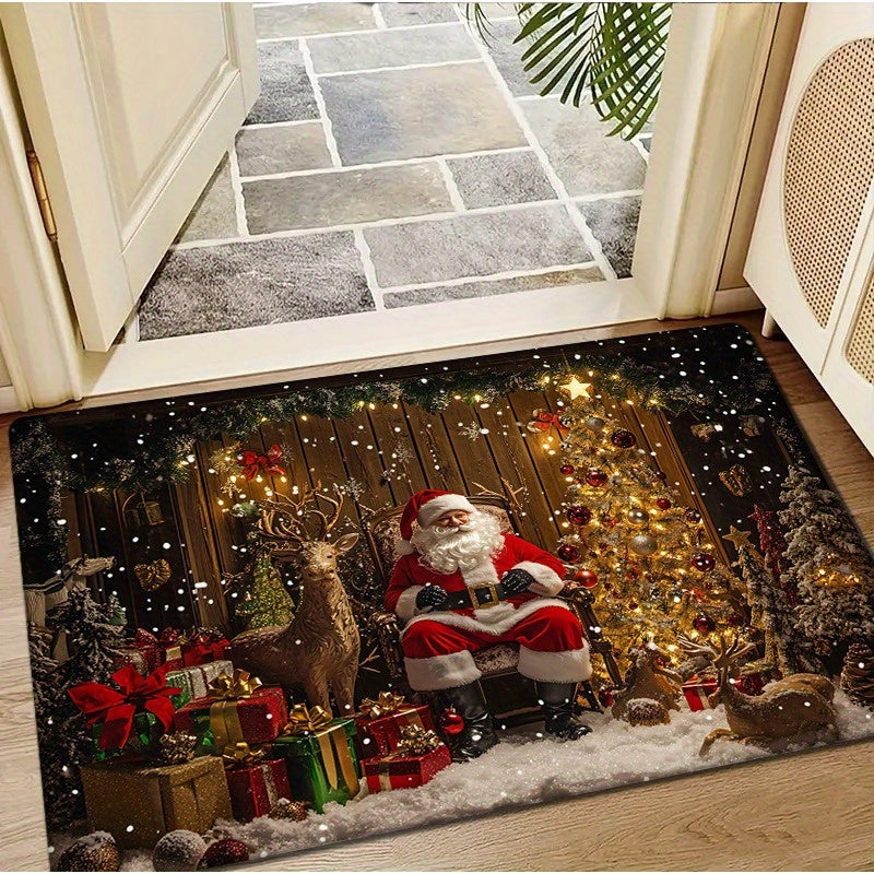 Festive Christmas Door Mat Non-Slip Washable Polyester Rectangular Rug