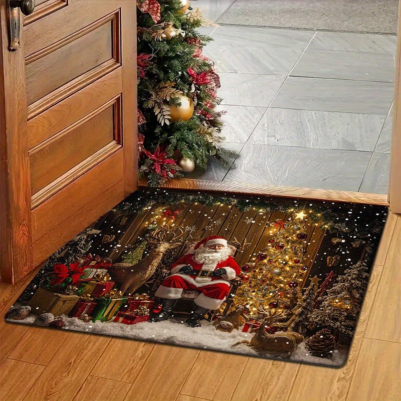 Festive Christmas Door Mat Non-Slip Washable Polyester Rectangular Rug