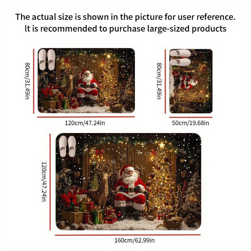 Festive Christmas Door Mat Non-Slip Washable Polyester Rectangular Rug