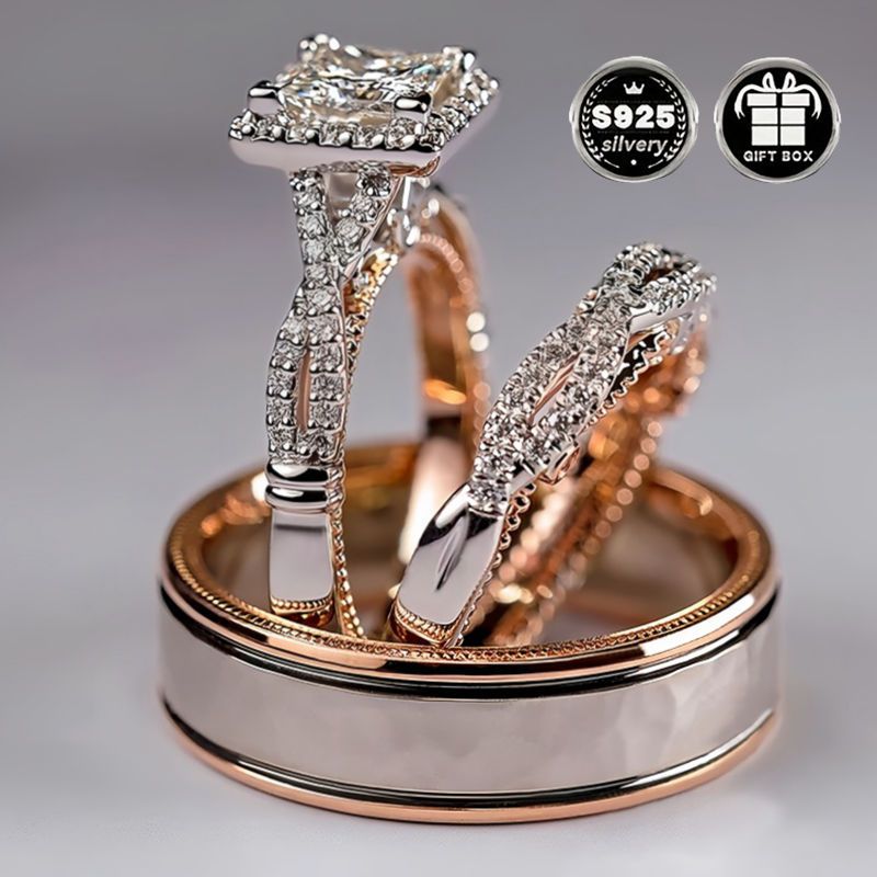 Silver Bridal Set with Princess Cut Cubic Zirconia Engagement and Wedding Rings for Women