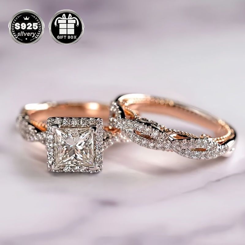 Silver Bridal Set with Princess Cut Cubic Zirconia Engagement and Wedding Rings for Women