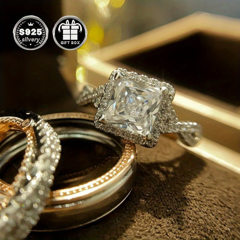 Silver Bridal Set with Princess Cut Cubic Zirconia Engagement and Wedding Rings for Women