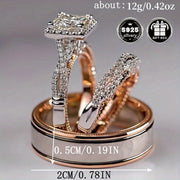 Silver Bridal Set with Princess Cut Cubic Zirconia Engagement and Wedding Rings for Women