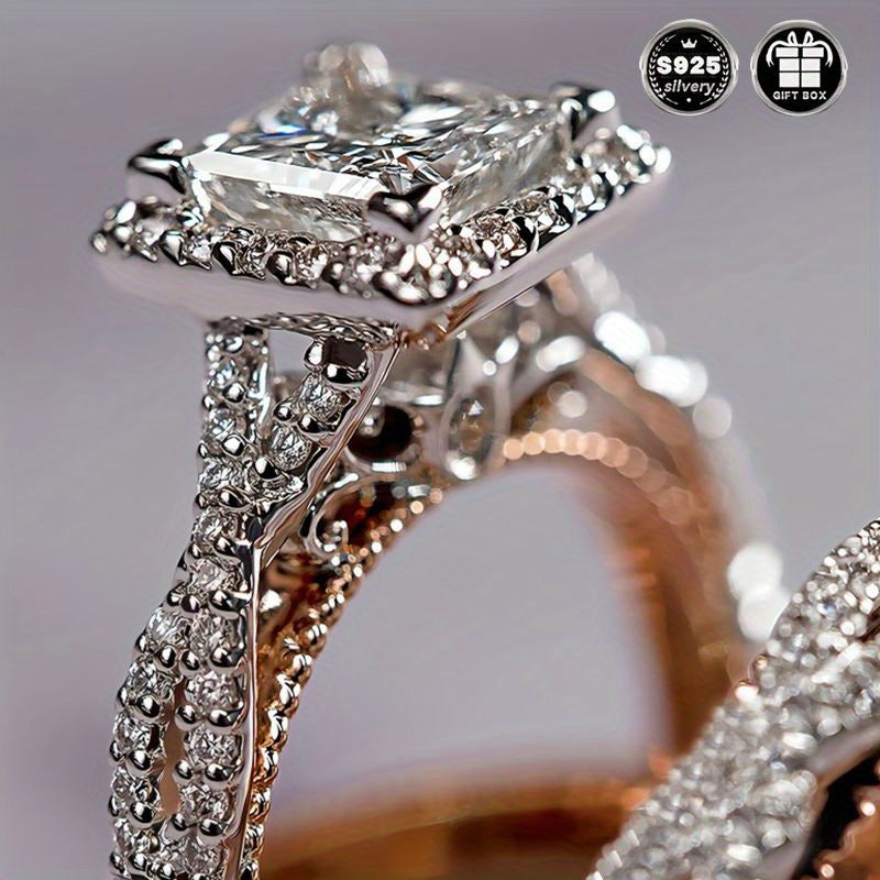 Silver Bridal Set with Princess Cut Cubic Zirconia Engagement and Wedding Rings for Women