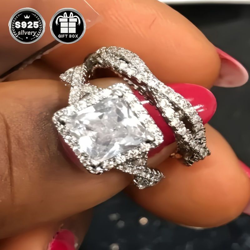 Silver Bridal Set with Princess Cut Cubic Zirconia Engagement and Wedding Rings for Women