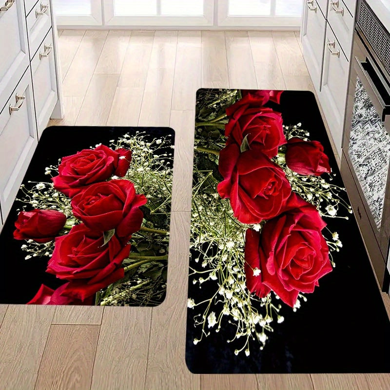 Red Rose Kitchen Mat Non-Slip Stain-Resistant Polyester 1.1cm Thick for Kitchen Living Room Porch