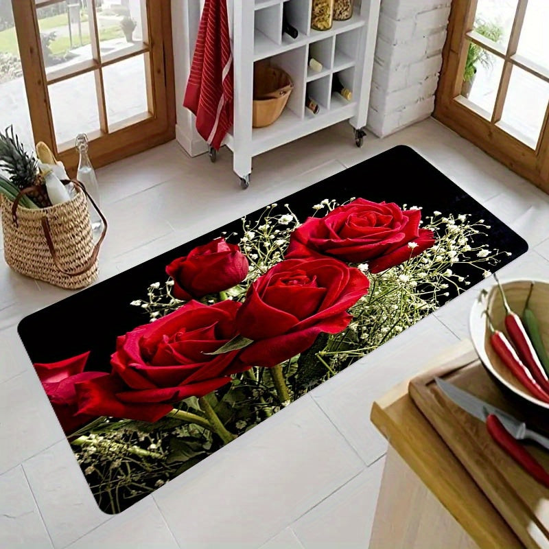 Red Rose Kitchen Mat Non-Slip Stain-Resistant Polyester 1.1cm Thick for Kitchen Living Room Porch