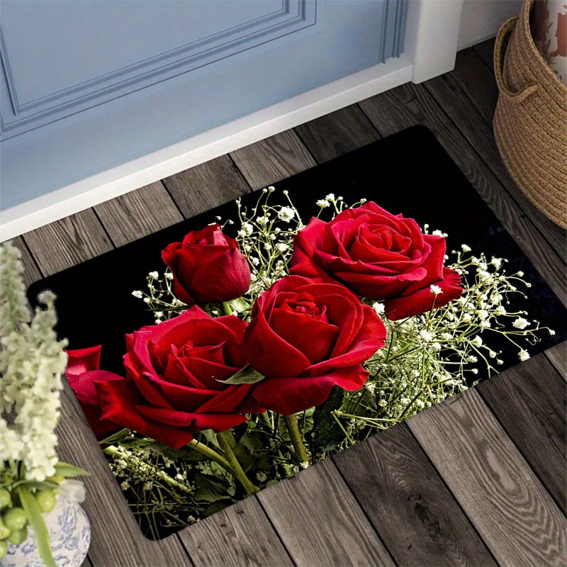 Red Rose Kitchen Mat Non-Slip Stain-Resistant Polyester 1.1cm Thick for Kitchen Living Room Porch