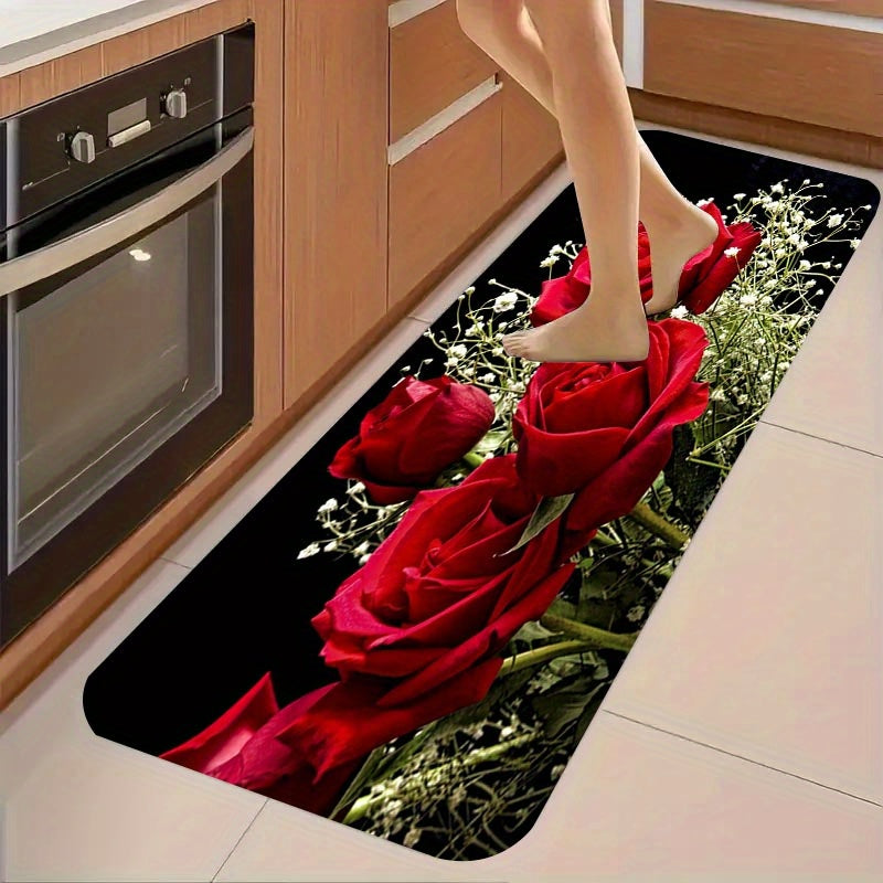 Red Rose Kitchen Mat Non-Slip Stain-Resistant Polyester 1.1cm Thick for Kitchen Living Room Porch