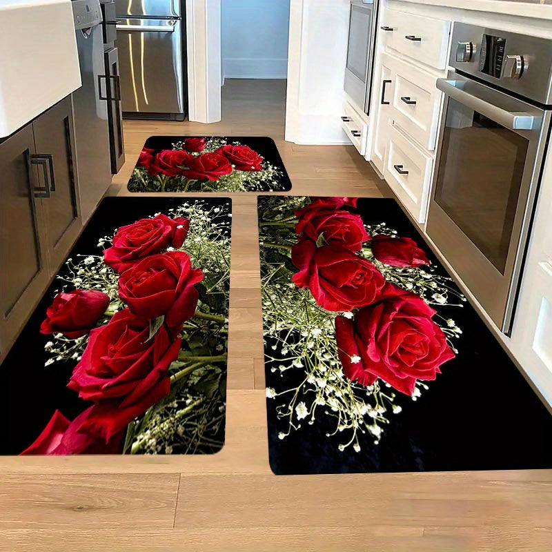 Red Rose Kitchen Mat Non-Slip Stain-Resistant Polyester 1.1cm Thick for Kitchen Living Room Porch