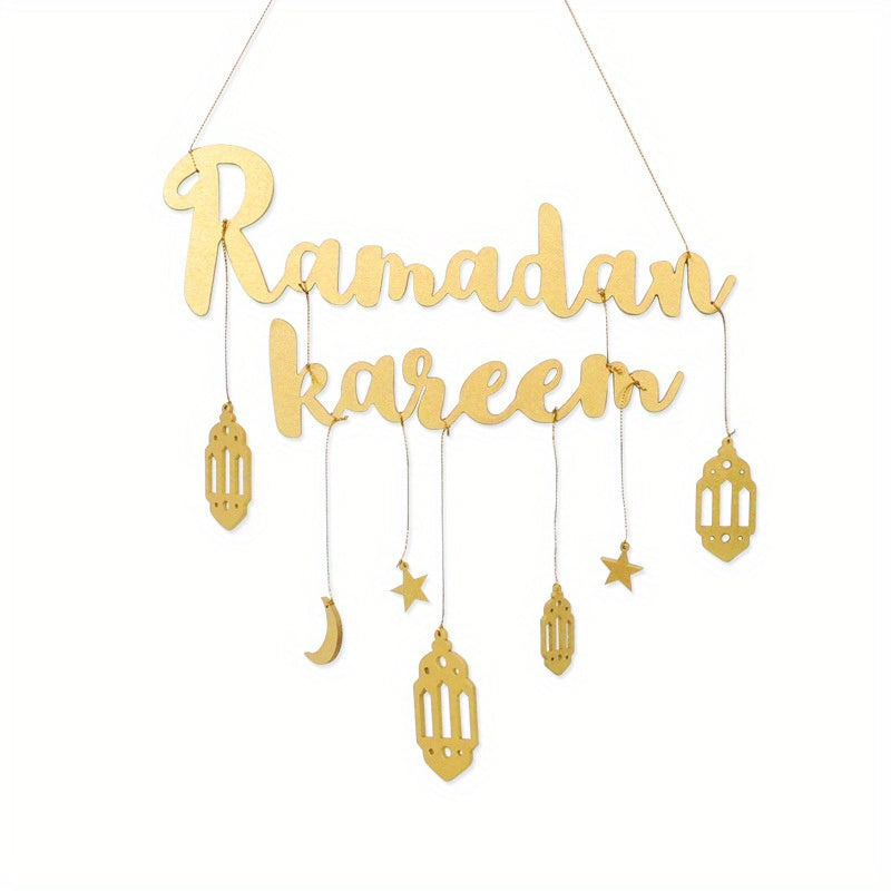 Wooden Ramadan Kareem Hanging Sign with Moon Star Lantern for Eid Decorations