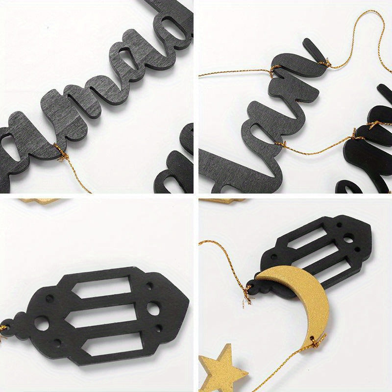 Wooden Ramadan Kareem Hanging Sign with Moon Star Lantern for Eid Decorations