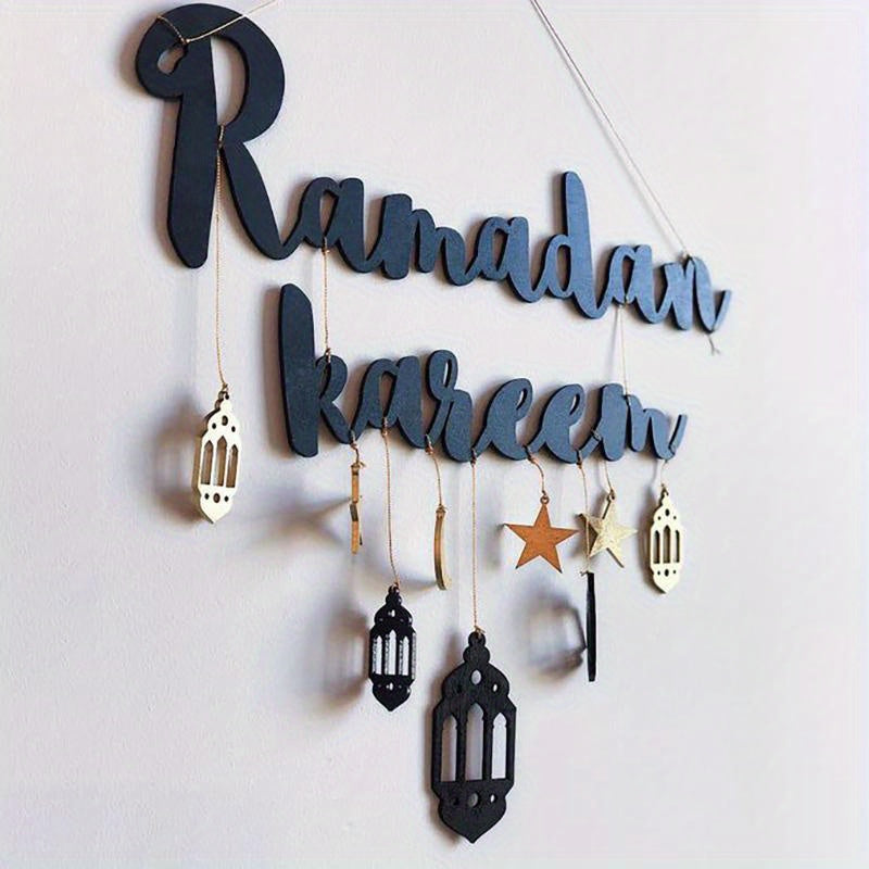 Wooden Ramadan Kareem Hanging Sign with Moon Star Lantern for Eid Decorations