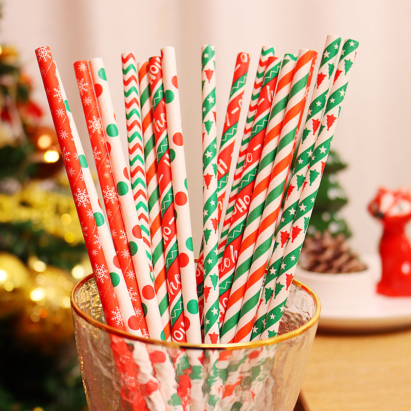25 Pieces Christmas Paper Straws Snowflake Tree Patterns Biodegradable Holiday Party Supplies