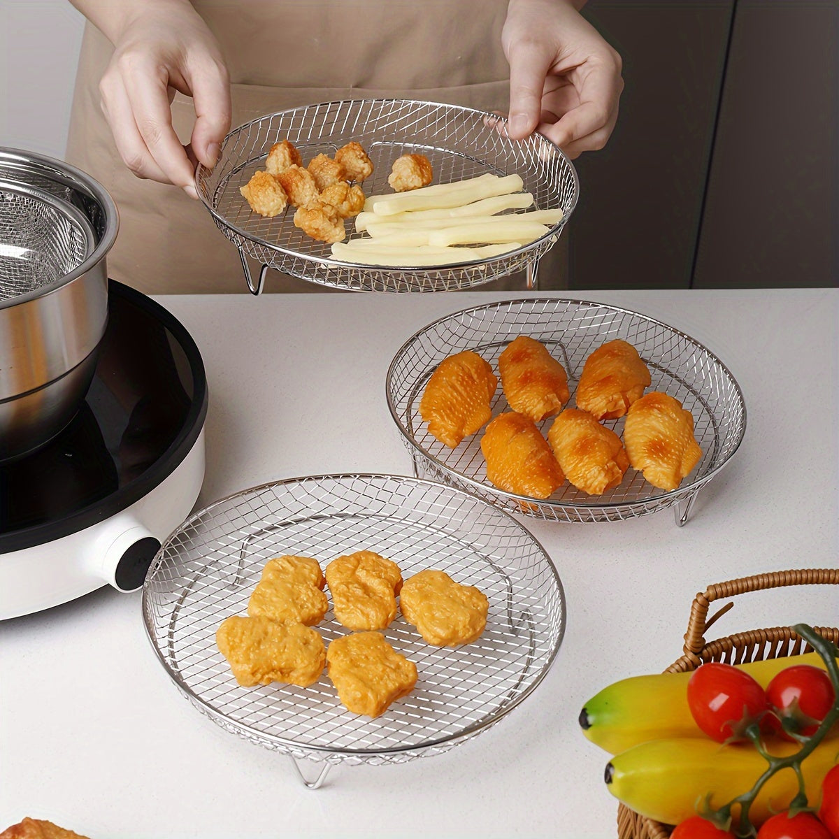 Stainless Steel Three-Layer French Fries Grill for Air Fryers Kitchen Accessory Set