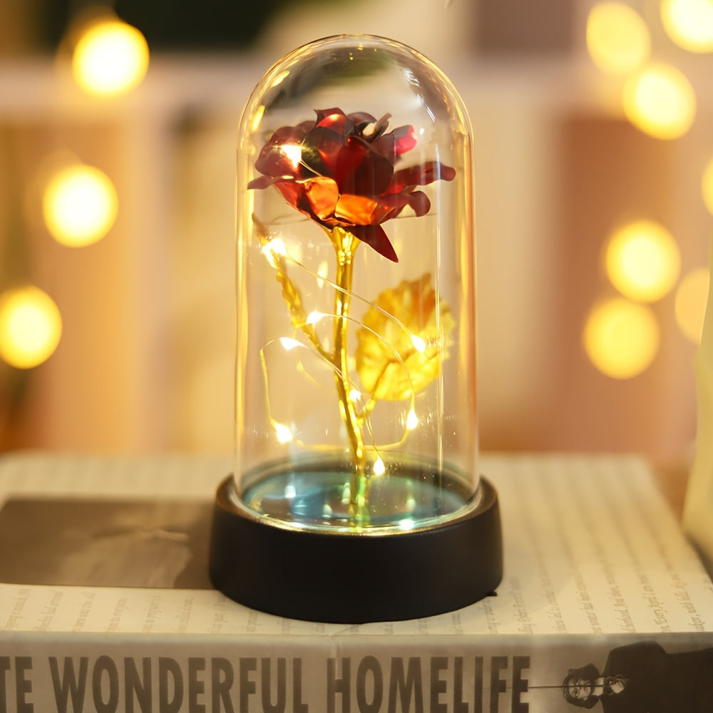 Oltin folga ro'za dizayni bilan LED gullar kechasi chirog'i, stolda joylashadigan lampochka, o'zgaruvchan nazorat bilan, yotoqxona bezatish uchun batareya bilan ishlaydi. 1 ta qayta zaryadlanmaydigan tugma batareyasi kiradi.