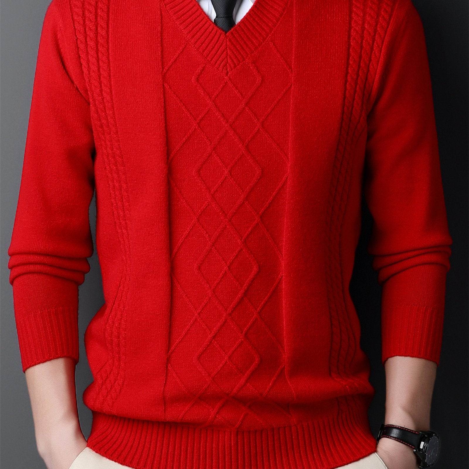 Men's Red V-Neck Sweater with Diamond Pattern Knit Long Sleeve Fall Winter Layering