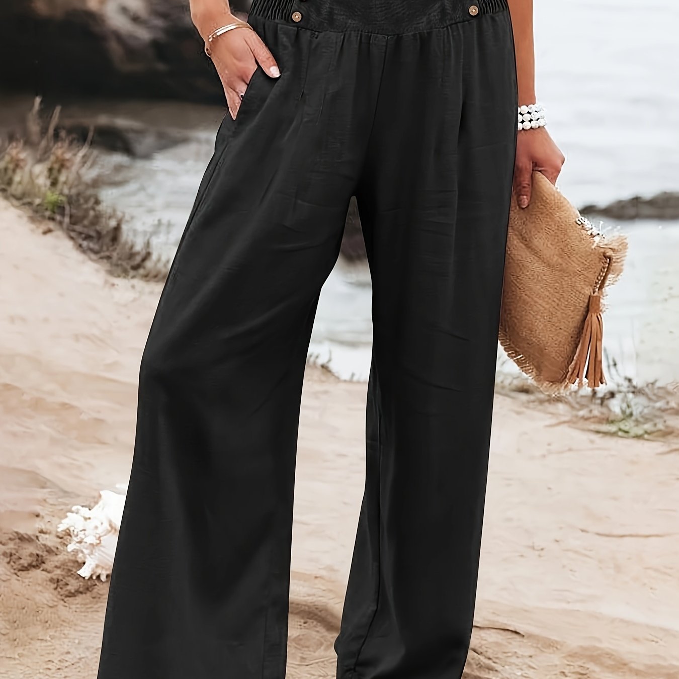 Women's Plus Size Wide Leg Pants with Drawstring Waist Solid Color Casual Beach