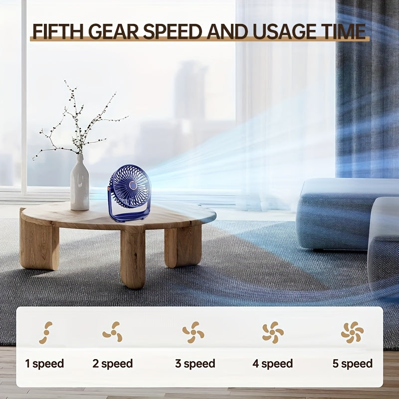 Mini Desk Fan Portable Rechargeable 5 Speeds Compact Cooling