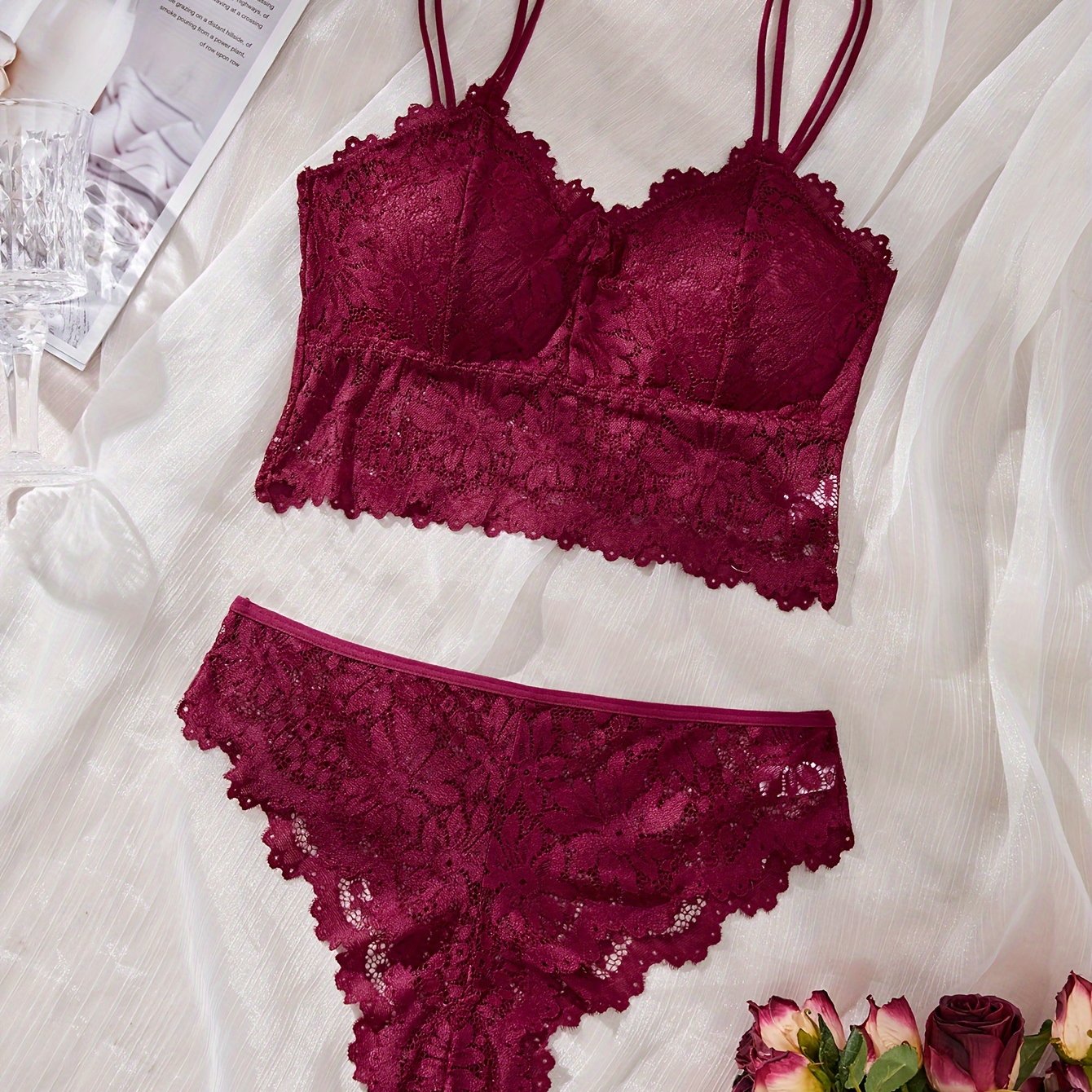 Women’s Lace Sunflower Suspender Lingerie Set No Steel Ring Monochrome