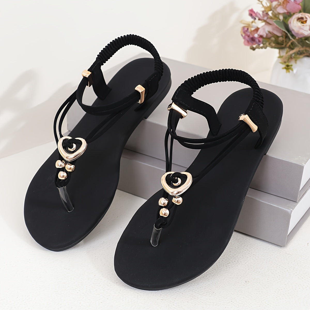 Women's Summer Thong Sandals with Elastic Ankle Straps Flat Beach Shoes